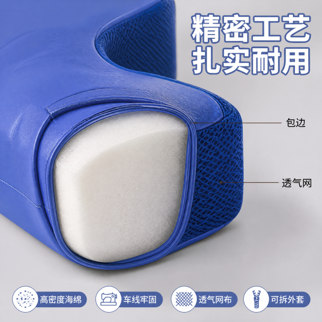 [主图-3] U型翻身枕高密度填充工艺细节展示。
[氛围风格] 专业品质，材质硬核展示
[画质] 商业摄影质感、光线柔和通透、产品清晰真实、画面干净高级
[元素] 局部微距特写展示蓝色款翻身枕的填充内预览效果