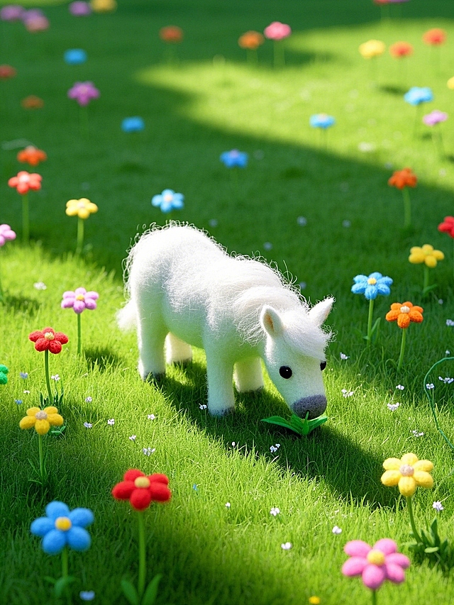 草地，一只毛绒小白马低头吃草，周围有小花