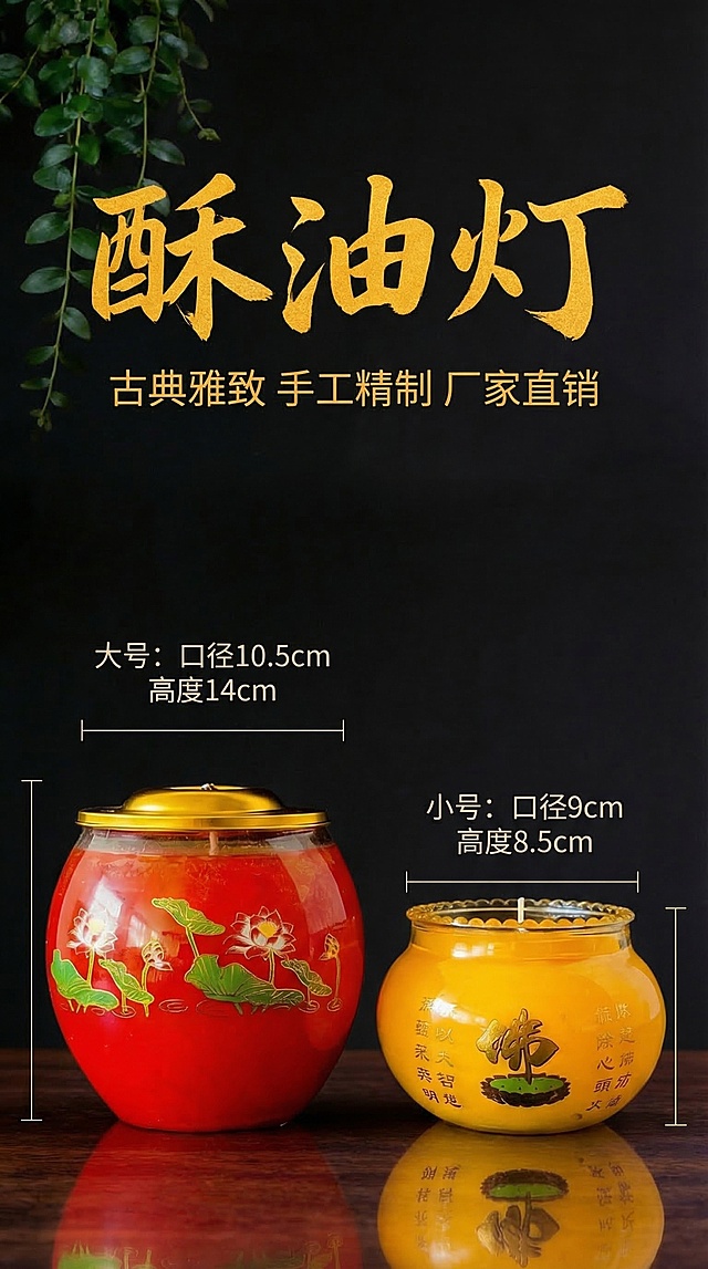 酥油灯电商详情页首屏海报,标题"酥油灯",副标题"古典雅致 手工精制 厂家直销",展示一大一小两款酥油灯,大号口径10.5cm高度14cm,小号口径9cm高度8.5cm,按照真实比例摆放,中国风传统宗教祈福用品,红黄色调,黑色背景,禅意宁静氛围,干净高级排版