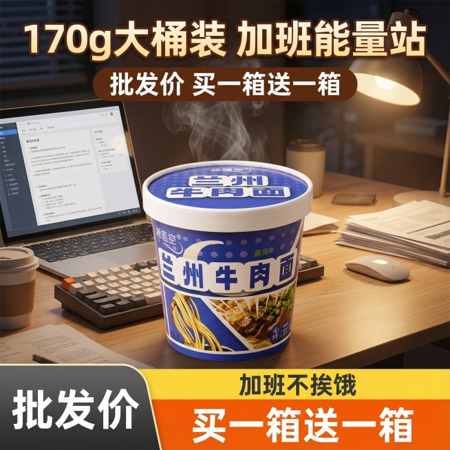 生成10张不同场景的桶装泡面电商主图，比例1:1，170g大桶装 大份量 批发价 买一箱送一箱预览效果