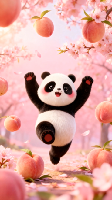 在一个梦幻的粉色水蜜桃果园里，一只极其可爱的3D熊猫正在欢快地跳舞、挥手。天空中不断飘落新鲜多汁的粉色水蜜桃和粉色花瓣，桃子在空中轻微碰撞旋转。熊猫在柔软的草地上上下跳跃，胖乎乎的小手在胸前挥动。背景预览效果