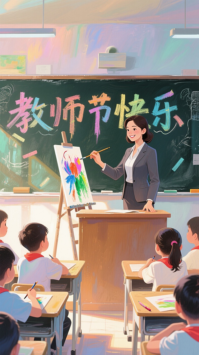 画面呈现中心构图，女老师在讲台上教学生画画，讲台下学生全神贯注观看，画面光线柔和明亮，色彩搭配协调，主题是教师节的温暖氛围，黑板写字（教师节快乐）