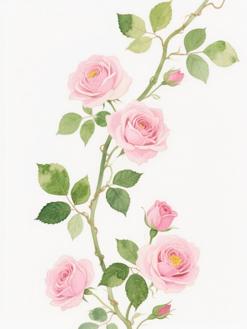 水彩风格插画，纯白色背景，画面中呈现藤蔓自然蜿蜒的生长态势，藤蔓上点缀着多片形态各异的绿色叶片，叶片边缘清晰，叶脉纹理细腻可见，叶片色彩从嫩绿到深绿渐变，带有自然的水渍晕染效果，藤蔓上盛开着多朵粉色的玫瑰花，花朵形态饱满，花瓣层次丰富，从花心向外层层舒展，花瓣边缘微微卷曲，色彩从花蕊处的浅粉向花瓣边缘过渡为深粉，花蕊呈黄色，整体画面清新淡雅，光影柔和，笔触灵动，保留水彩特有的透明感和轻盈质感。预览效果