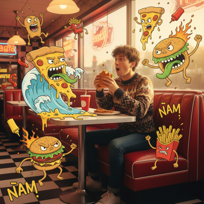 {
“场景描述”： “这是一幅充满活力的混合媒介杰作，画面中逼真地呈现了参考照片中的人物在餐馆用餐，周围环绕着一群造型夸张的快餐怪物。”

“主题”： {
“类型”：“参考照片中的人”，
“着装”：“预览效果