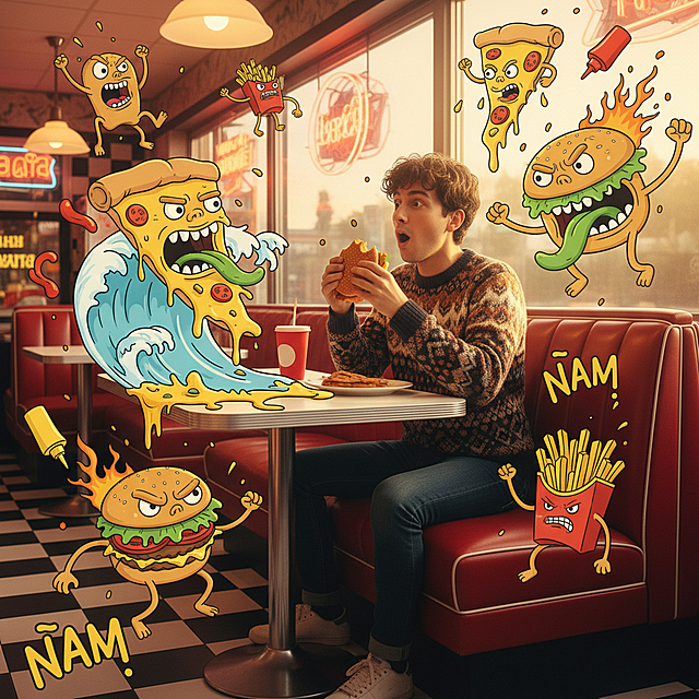 {
“场景描述”： “这是一幅充满活力的混合媒介杰作，画面中逼真地呈现了参考照片中的人物在餐馆用餐，周围环绕着一群造型夸张的快餐怪物。”

“主题”： {
“类型”：“参考照片中的人”，
“着装”：“与参考图中相同的服装风格，自然地适应了餐厅环境”，
“位置”：“坐在红色皮质餐厅卡座里，手里拿着一个汉堡”，
“表情”：“震惊又好笑，看着漂浮的涂鸦披萨”
"consistency_note": "脸型、发型和比例必须与参考照片完全一致"
},

“行动”： {
“主要”： “吃午饭”，
“效果”：“他们的食物以二维形式活了过来”
},

"illustration_layer": {
“风格”：“粗线条波普艺术卡通”，
“生物”：[
“披萨片在奶酪浪潮上冲浪”
“长着生菜舌头的汉堡怪兽”
“愤怒的薯条盒”
“飞舞的番茄酱瓶。”
],
“图形”：“芥末酱飞溅、芝麻、热线、‘ÑAM’文字爆发”，
颜色：番茄酱红、芥末黄、生菜绿
},

“环境”： {
“设置”: “复古美式餐馆”
"background_elements": ["棋盘格地板", "窗户上的霓虹灯"]
},

“灯光”： {
“风格”：“温馨的餐馆氛围”，
"key_light": {
类型： 窗灯，
“颜色”：“温暖的午后阳光”
}
},

“风格”： {
“媒介”：“混合媒介摄影”，
“美学”：“复古流行，美味，混乱”，
“质量”： “超精细纹理 vs 平面卡通”
}
}