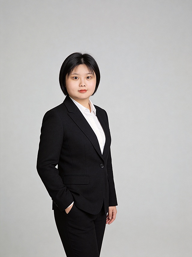 参考这张图片，保留人物脸型发型年龄特征，生成一张女性正装全身职业形象照，人物穿着黑色精纺西装套装配白色衬衫，自然站姿左手插兜，专业正式，简约中度灰色纯色干净背景，32k超高分辨率，细节清晰，皮肤白皙细腻，光线均匀柔和，写实风格，专业人像摄影