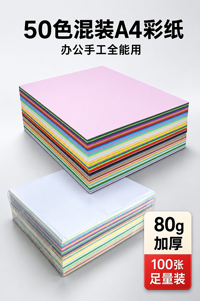 [第1屏] 详情页头图-混50色80gA4彩色手工打印纸产品海报。本屏使用【图1】【图5】【图9】组合拼接呈现商品主体。
[氛围/风格] 简约明亮电商海报风，浅灰渐变背景，商业摄影质感，干净清爽突出纸张色彩
[元素布局] 主体商品居中，占比约65%；顶部标题区留白，右下角放产品规格信息卡；整体构图上标题下商品+右下角信息卡；纸张厚度、叠放结构与输入产品图一致。
[光影质感] 顶部柔和主光，下方自然投影，纸张边缘和彩色侧边保留清晰高光，整体明亮通透层次感强
[配色色系] 全局底色 #F0F3F5，主色浅灰，辅助色多彩叠色突出纸边
[视角构图] 正面俯视拍摄，产品为绝对视觉中心，阅读动线顶部标题 -> 主体商品 -> 右下角规格信息卡
[文字版式] 版式为顶标题 + 中主体 + 右下角规格信息条。主标题「50色混装A4彩纸」，副标题「办公手工全能用」，加粗黑体居中；右下角信息卡标注「80g加厚 100张足量装」；文字不遮挡主体商品
[比例分辨率] 9:16竖版比例，4K分辨率，文字清晰可辨，高清画质
[负向提示词] 纸张变形，缺件错件，颜色偏差，水印，文字错乱，产品图模糊，文字过小不可辨认