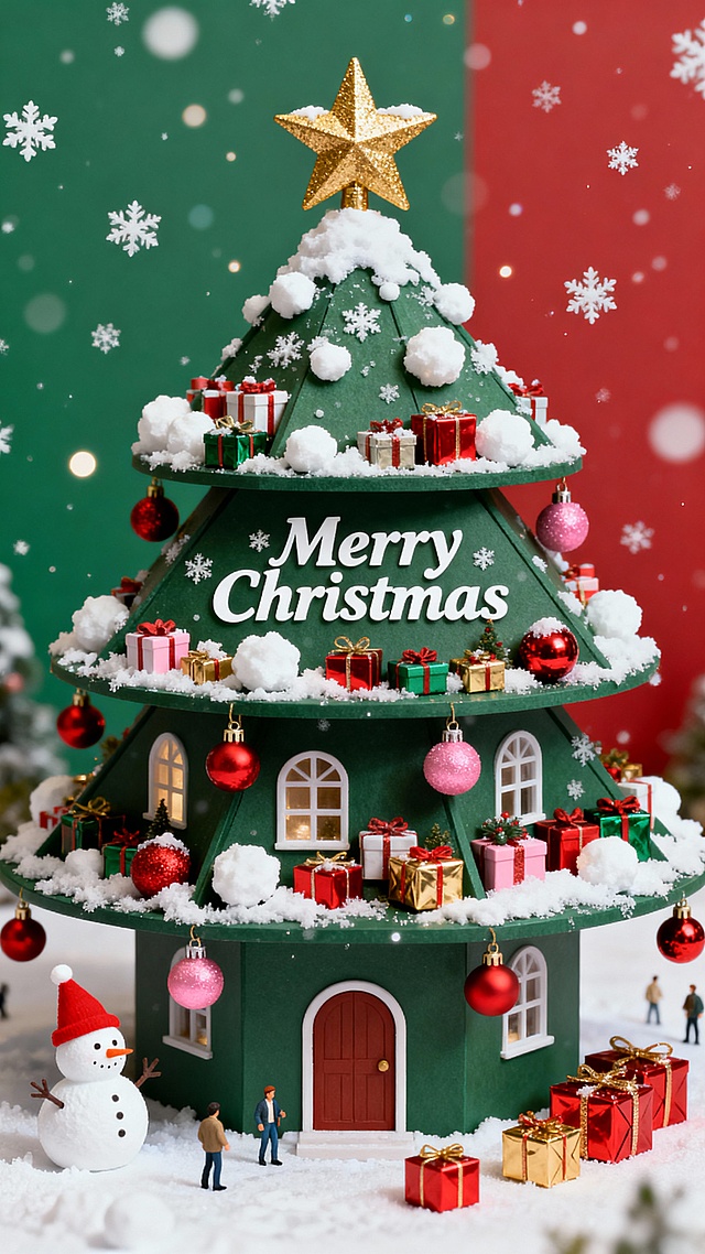 三层圣诞树造型的立体小屋，点缀白色雪团、红粉圣诞球，顶部金色星星，树身有 “Merry Christmas” 白色艺术字。每层内部都是丰富的圣诞礼物；树外左下角有白色小雪人（戴红帽），地面散落红金礼盒。背景是左右渐变的绿红双色，空中飘着白色雪花与光斑。