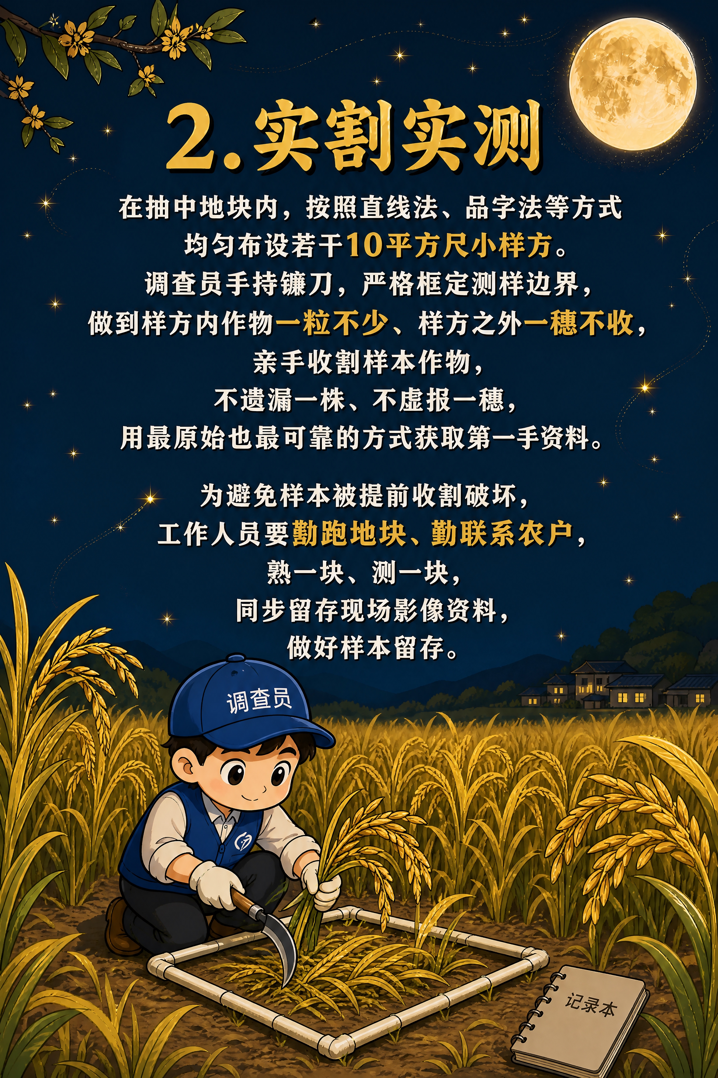 竖版长图，深蓝色夜空背景配金色星光、金黄稻穗和一轮圆月，与中秋… - 图片创意预览