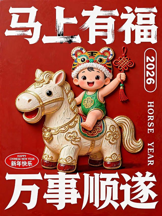 整体画面呈现高饱和度的国潮矢量插画风格。画面中央的主体为一个戴着缤纷彩色虎头帽、身穿绿色肚兜的Q版卡通婴儿，正骑在一只巨大的马玩偶背上。婴儿面带开心的笑容，单手高举中国结。马造型圆润，呈传统民俗风格，拥有夸张的大嘴，四肢短小可爱。画面顶部居中横向排列巨大的白色国潮艺术字体标题“马上有福”，字体笔画粗壮夸张，带有明显的墨迹飞白与连笔设计；画面底部横向排列巨大的白色复古宋体字“万事顺遂”，字形锐利且带有尖角装饰，极具视觉冲击力。画面右侧竖向排列着一个长条形胶囊边框，内部包含垂直排列的白色数字“2026”以及竖排英文“HORSE YEAR”。左下角有一个红底白边的椭圆徽章，内部写着微小的英文“HAPPY CHINESE NEW YEAR”及粗体汉字“新年快乐”。画面背景为纯大红色