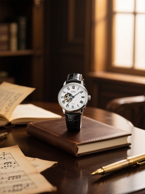 银白色表盘配黑色罗马数字时标的机械腕表，黑色鳄鱼皮表带，表盘内可见精密齿轮结构，置于深色木质桌面上的一本翻开的复古皮质笔记本上，周围散落着几页泛黄的乐谱和一支金色钢笔，柔和的侧逆光从左侧窗户洒入，形成清晰的光影层次和细腻的金属反光，整体呈现古典书房的优雅静谧氛围，高清晰度写实摄影风格，温暖的棕黄色调，浅景深突出腕表主体，细节丰富的质感表现。预览效果