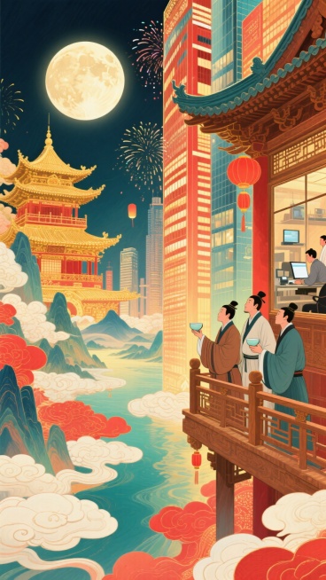 一侧，古代木质观景台，古代文人聚此，举着酒樽、凭栏望圆月、山河；另一侧，现代高楼大厦里，现代加班人透过大厦玻璃，赏烟花，背景古楼阁与城市高楼相融合，明月照。整体画面充斥着华丽的金色和喜庆的红色，奇幻色预览效果