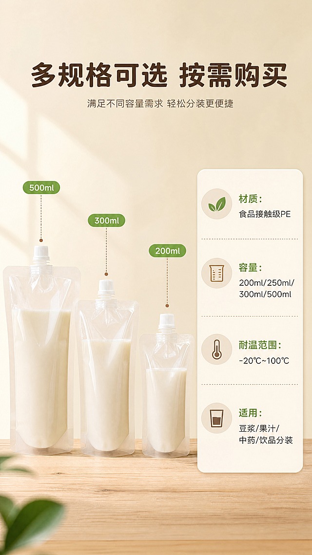 [商品] 使用【图1】透明自立吸嘴袋；保留透明袋身、白色吸嘴盖、底部自立结构、袋内液体形态；展示不同容量大小的吸嘴袋。
[画面] 目标：规格参数页，多容量展示+信息卡。构图：左侧产品矩阵（大中小三个容量的吸嘴袋并排站立），右侧参数信息卡；产品占画面50%，浅暖米背景+底部木纹台面。
[视觉] 套系策略：风格=清新自然家居商业摄影；标题字=圆润黑体粗体；正文字=简洁无衬线黑体；主色=暖米白+草木绿；背景延展=基于暖米白做深浅层级、同色渐变和细腻木纹/哑光纸质感；强调色=浅棕褐色，仅用于小面积图标、引线和标签；标题色=深棕褐色；正文色=中暖灰；组件=圆角浅底信息卡、细线引线、绿色胶囊标签；光影=左前侧暖柔光，自然窗光感。
[文字] 顶部主标题"多规格可选 按需购买"，右侧信息卡列出："材质：食品接触级PE"，"容量：200ml/250ml/300ml/500ml"，"耐温范围：-20℃~100℃"，"适用：豆浆/果汁/中药/饮品分装"；文字横向排版，清晰易读。
[规格] 图片比例9:16竖版，4K，避免变形、错字、文字过小、冷蓝/蓝灰背景、产品颜色改变、结构失真、绝对化用语。