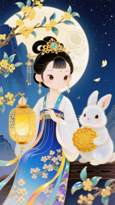 Q版古装少女（蓝白渐变桂花暗纹汉服、鎏金嵌玉发簪、流苏耳饰、暖黄色镂空宫灯）、绒毛蓬松玉兔（抱花纹金黄月饼），中景为有环形山细节的巨大满月，背景是深邃藏蓝色星空。点缀开满嫩黄花的桂花枝与飘落的半透明桂预览效果