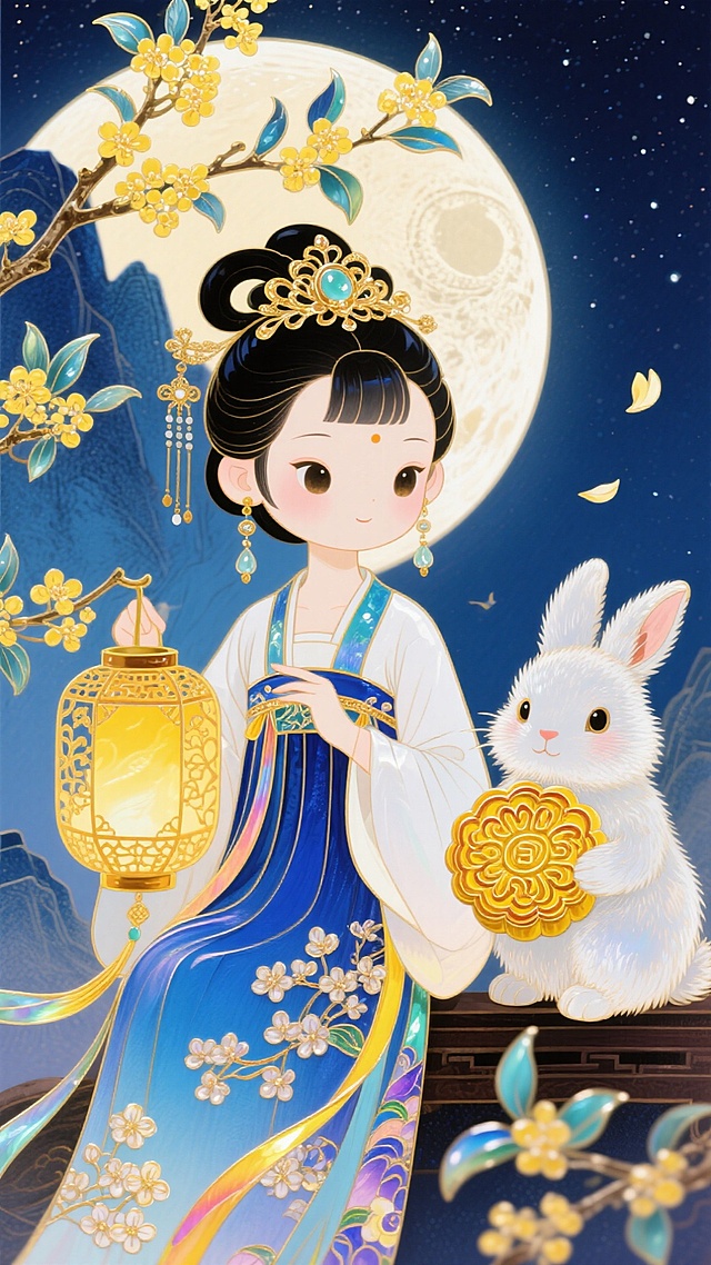 国潮风插画，古典中式少女与玉兔共赏明月，手持灯笼与月饼，水彩质感融合鎏金细节，梦幻唯美中透出可爱拟人气息，尽显中秋佳节诗意。