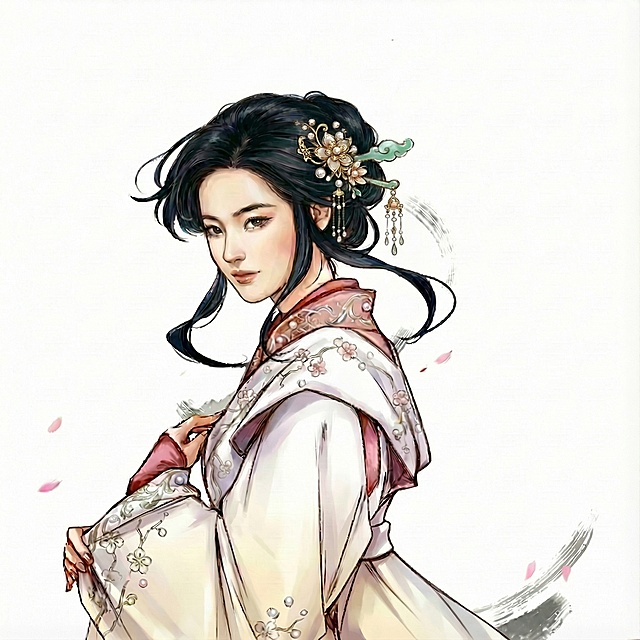 照片的尺寸和比例不变，人物的动作和姿势不变，衣服上的仙鹤去掉，增加一个发饰