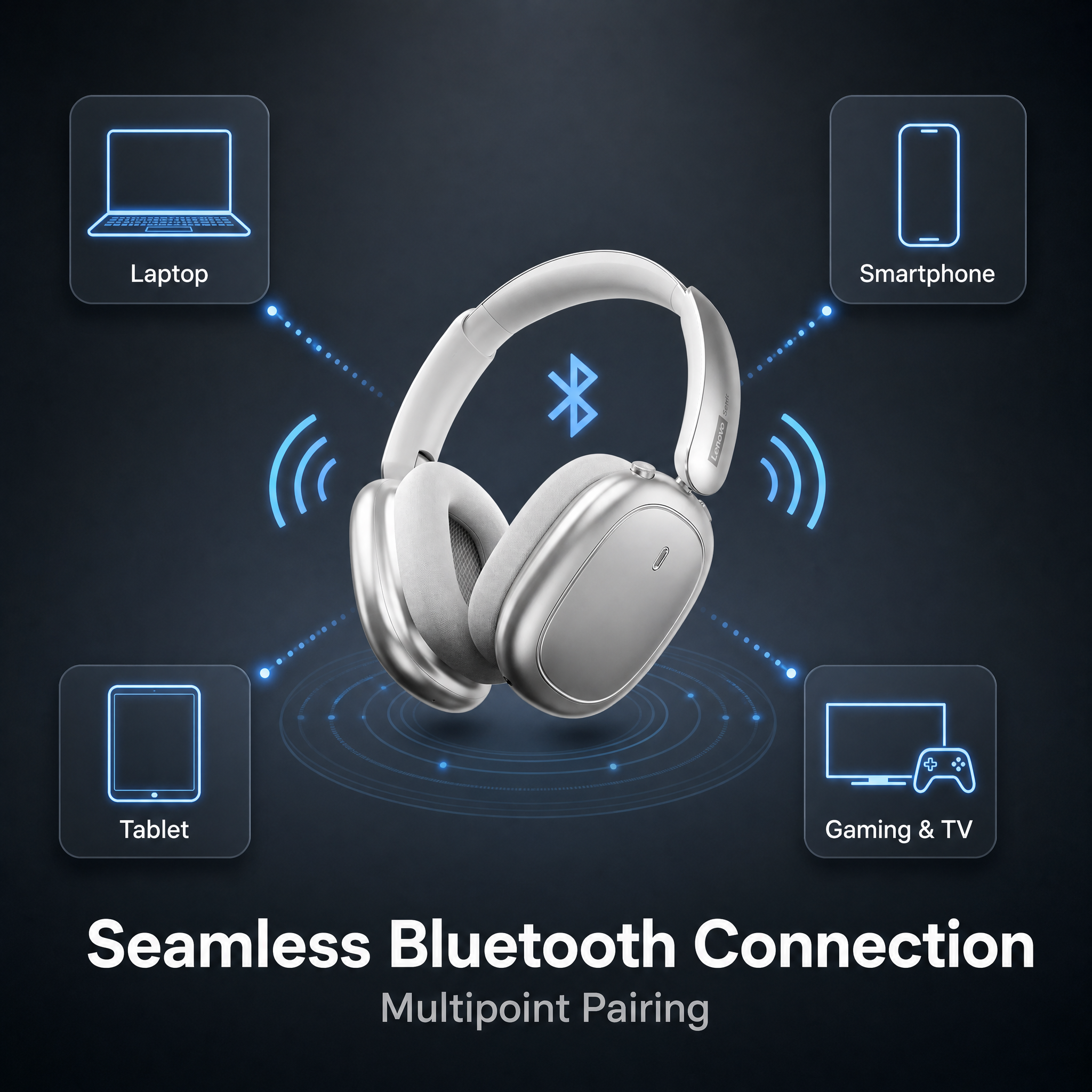 [主图-6] Lenovo Servit 银色头戴式蓝牙耳机… - 图片创意预览