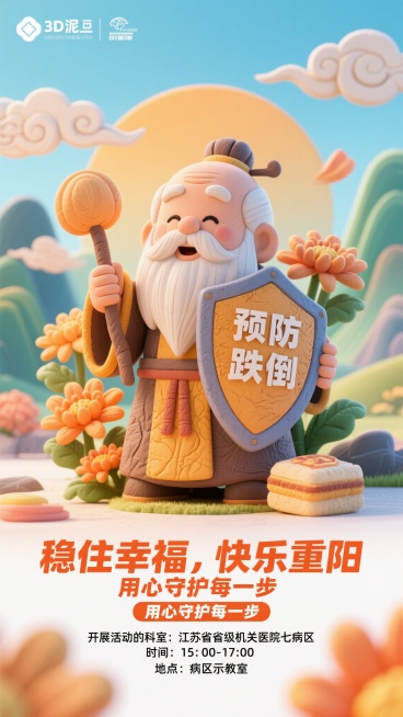 仙风道骨的老寿星手持“预防跌倒”盾牌，周围环绕菊花、祥云、远山、重阳糕元素，画面下方清晰显示“开展活动的科室：江苏省省级机关医院七病区，时间：15：00-17：00，地点：病区示教室”，主标题“稳住幸预览效果