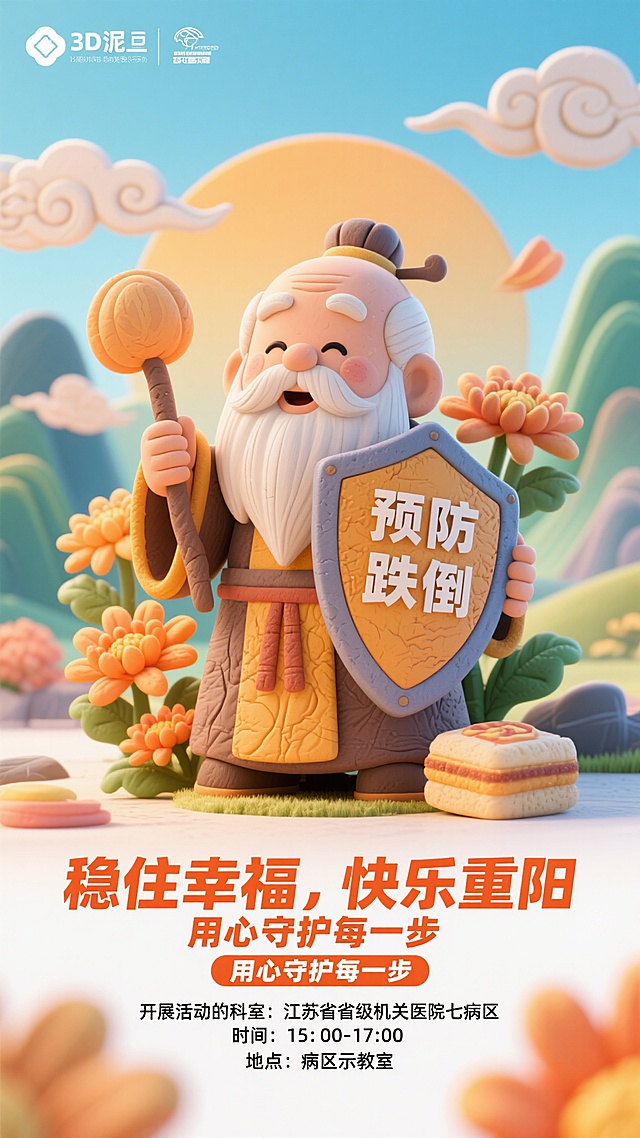 仙风道骨的老寿星手持“预防跌倒”盾牌，周围环绕菊花、祥云、远山、重阳糕元素，画面下方清晰显示“开展活动的科室：江苏省省级机关医院七病区，时间：15：00-17：00，地点：病区示教室”，主标题“稳住幸福，快乐重阳”，口号“用心守护每一步”，整体构图布局合理，元素分布均衡，色彩鲜明