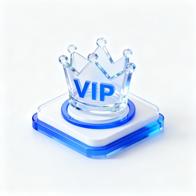 一个皇冠VIP图标，icon，透明材质，蓝白色配色，磨砂玻璃质感，透明感，UI、UX设计风格，等轴测视角，纯白色背景，影棚灯光，色彩明亮，3D艺术，C4D软件制作，配合OC渲染器，细节丰富，高清画质预览效果