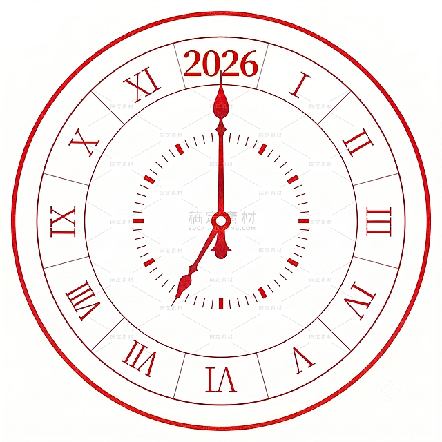 参考原图风格，保持圆形红色罗马数字时钟设计，年份是 '2026'，时针指向七点分针指向十二点，去掉最外层最粗的那个红色外圆圈