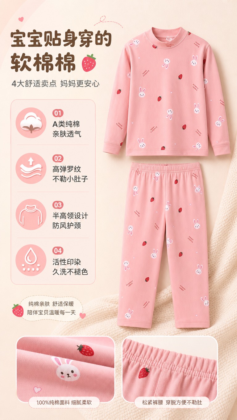 [商品] 使用【图1】儿童粉色草莓兔印花秋衣秋裤套装；商品处理… - 图片创意预览