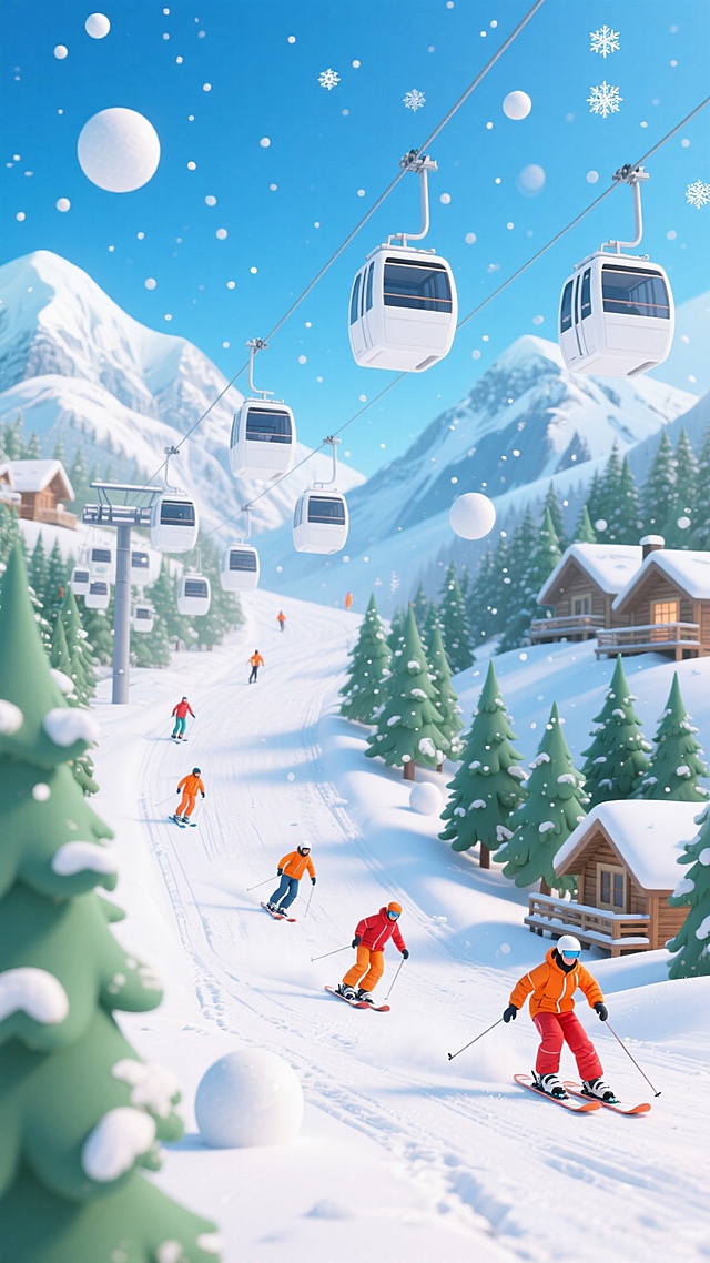 卡通风格，清新明亮的蓝白色调。画面中分布多辆白色缆车（悬挂于钢索），错落悬挂于空中；几位滑雪者（身着橙色、红色等亮色滑雪服，姿态活泼）在覆盖厚雪的滑雪道上滑行，道上留有清晰轨迹；周围环绕圆润的绿白雪松林；背景是连绵的白色雪山群与木屋度假村，天空湛蓝，点缀飘落的雪花与圆形雪球。