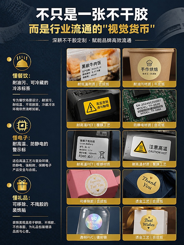 [第4屏] 行业解决方案展示屏-三大领域贴纸特性+8张案例细节图。本屏为服务类案例展示屏。
[氛围/风格] 专业案例展示风格，深蓝工业底色，案例细节图高清质感，金色分类标签。
[元素布局] 顶部大标题区+核心Slogan；中部左侧为三大行业解决方案文字说明（餐饮/电子/礼品），右侧为2列4行共8张案例细节图（以贴纸贴在产品上的实拍细节为主）；案例图有金色细边框；每张案例图下方有小字标签说明材质/工艺；背景有纸张纹理和印刷网点的虚化元素。
[光影质感] 案例图内部有真实产品光影（如餐饮标签贴在餐盒上、电子警示标贴在设备上、礼品装饰贴在礼盒上）；整体画面均匀明亮，案例图有悬浮投影效果。
[配色色系] 全局底色 #1A2332（深蓝灰）；主色金色 #D4AF37；辅助色白色文字、案例图自然色彩；分类标签用金色底白字。
[视角构图] 左右分栏构图，左侧文字区约占35%，右侧案例图区约占65%；阅读动线从顶部标题 → 左侧三大行业卖点 → 右侧案例图逐行浏览。
[文字版式] 顶部主标题「不只是一张不干胶」白色大字 + 「而是行业流通的"视觉货币"」金色副标题；左侧三个行业解决方案：「懂餐饮：耐油污、可冷藏的冷冻标签」配餐饮图标；「懂电子：耐高温、防静电的警示标」配电子图标；「懂礼品：可移除、不残胶的装饰贴」配礼品图标；每条卖点前有金色圆点标记；右侧8张案例图按2列4行排列，每张图下方有1-2个小字材质标签（如「耐低温材质」「耐高温PET」「可移除胶」「烫金工艺」「透明PVC」「镭射银」「牛皮纸」「合成纸」）。
[比例分辨率] 3:4 竖版比例，4K 分辨率，文字清晰可辨，高清画质。
[负向提示词] 变形，水印，文字错乱，文字过小，案例图模糊，颜色偏差，背景杂乱。