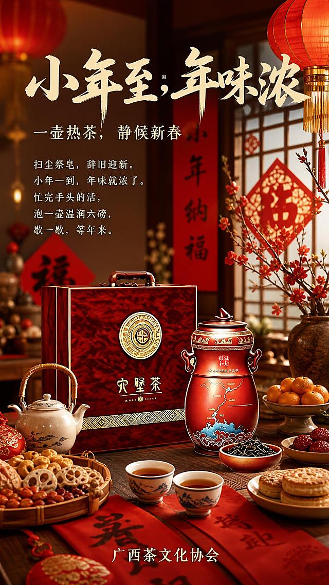 国风新中式小年主题茶文化商品海报，9:16 竖版手机满屏，版式精美、暖意喜庆。年味渐浓的生活场景：中式居室一角，红色春联与窗花贴在窗上，暖红灯笼悬挂，桌面摆放果盘、年货糕点等备年元素；一侧为中式茶席，白瓷茶壶与茶盏中六磅茶汤红浓透亮、醇厚温润，热气袅袅升腾，映着暖黄灯光；茶席上摆放产品包装，旁侧点缀红梅枝，画面色调为红金暖调，光线温润柔和，充满扫尘备年、静候新春的生活气息。

产品主体：以上传商品图为唯一商品主体来源，100% 还原上传商品图的六磅茶产品外形、包装、LOGO、印刷文字、净含量，完整保留原图中的盒型/罐型、轮廓、结构、比例、标签版式、品牌 logo、容量信息、材质质感、颜色与正面朝向，包装、配色、产品结构与标签布局均与上传图保持一致；产品以 2D 图转为有光影的立体商业摄影感，带接触阴影与曲面透视；商品主体占比 55%～75%，文字不遮挡主体。

文字排版：主标题『小年至，年味浓』置于画面上部醒目位置，雅致书法字；副标题『一壶热茶，静候新春』紧随其下；中部文案『扫尘祭皂，辞旧迎新。小年一到，年味就浓了。忙完手头的活，泡一壶温润六磅，歇一歇，等年来。』；底部落款『广西茶文化协会』。文字清晰可读、中式留白、层级分明。

画面中必须完整呈现以下文字信息：『小年至，年味浓』『一壶热茶，静候新春』『扫尘祭皂，辞旧迎新。小年一到，年味就浓了。忙完手头的活，泡一壶温润六磅，歇一歇，等年来。』『广西茶文化协会』。画面中所有信息区域、文案区、产品展示区必须填充完整合理的内容，不得出现空白框、空白占位、横线待填写区域、空列表项；确保是完整可用的成品海报而非待填写模板。