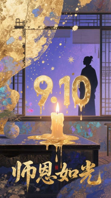 透过窗户往里面看，画面核心部分是由蜡烛蜡油构成的数字 “9.10”。蜡烛蜡油呈现出一种自然的流动质感，就像是正在融化滴落的瞬间被定格。数字边缘有细腻的纹理与光泽。烛火明亮且有柔和的光晕，背景为深邃的蓝预览效果