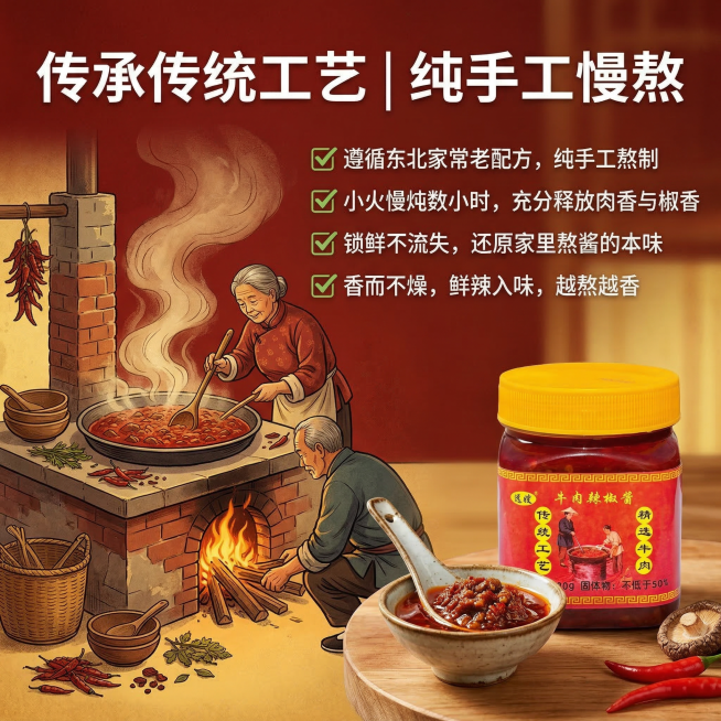 牛肉辣酱手工慢熬工艺卖点主图，画面左侧为老灶台手工熬制牛肉酱的复古插画，右侧放置上传产品图牛肉辣酱玻璃瓶，营造家常温馨烟火氛围。暖光氛围，写实质感。背景铺满全屏无边框。主色调东北红色，辅助色暖黄色。平预览效果