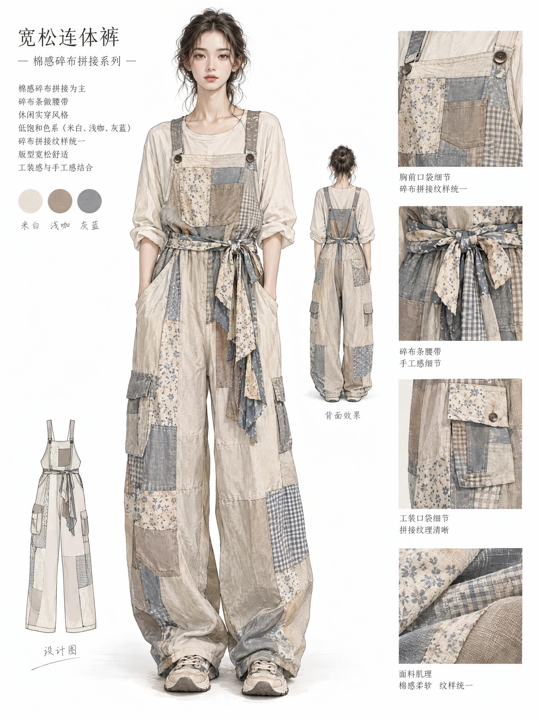 时尚服装设计效果图，第三套：宽松连体裤。以棉感碎布拼接为主，碎… - 图片创意预览