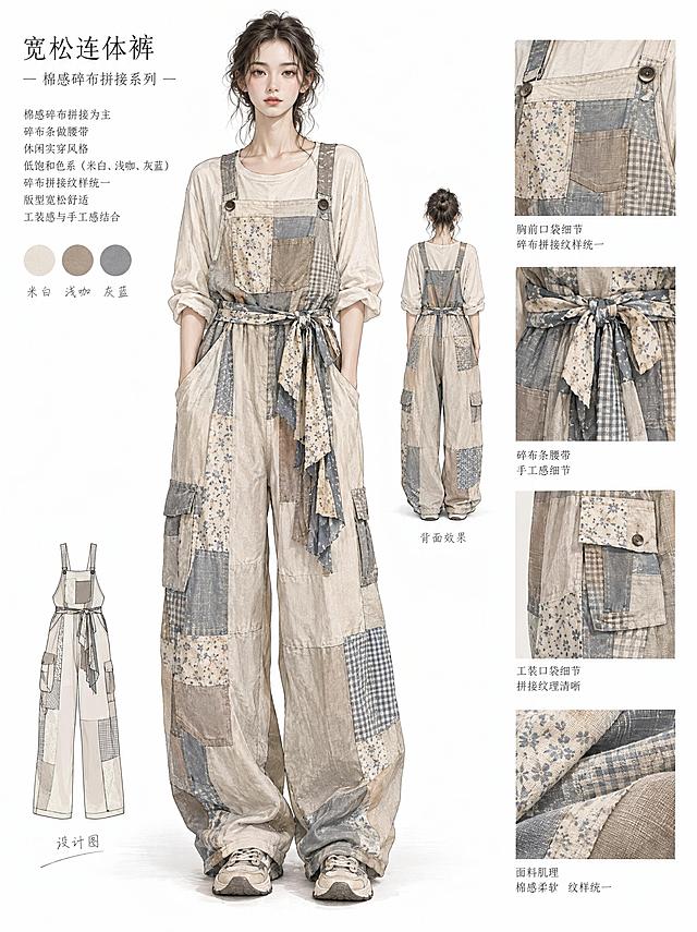 时尚服装设计效果图，第三套：宽松连体裤。以棉感碎布拼接为主，碎布条做腰带，休闲实穿风格，低饱和色系（米白、浅咖、灰蓝），碎布拼接纹样统一，版型宽松舒适，工装感与手工感结合。极简白色背景，正面全身展示，服装插画风格，高级时装画质感，光影柔和，肌理细节清晰