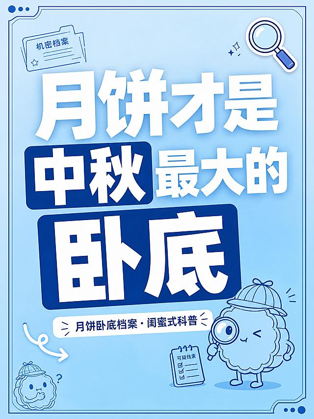 小红书笔记封面，医疗蓝线稿插画风，生活化科普风格，版式精美，小红书笔记封面质感，适合信息流点击。主标题必须完整呈现且为画面视觉中心，逐字锁定：「月饼才是中秋最大的卧底」。主标题字号占画面约55%视觉权重，清晰可读，不得增删改字。副标题：「月饼卧底档案·闺蜜式科普」。背景：医疗蓝色系（深浅不同的蓝）纯色+轻微渐变，干净清爽。标题排版：扁平粗黑体，白色字，部分关键词加蓝色色块底框增强对比，采用插图大字L01策略。插画元素：极简线稿风格的月饼侦探形象（戴侦探帽、拿放大镜），线稿为深蓝色细线，点缀在标题周围和角落，不抢主标题。装饰：右上角1个放大镜emoji小贴纸；左下角1个手绘弯曲箭头；另加细线框和角标装饰，位置克制。整体氛围：轻松科普、闺蜜交底感、不教条不恐吓。画质：高清细腻，信息层级清晰，主标题与背景强对比，文字完整处于安全区内不可裁切，四周留安全边距。画面比例3:4，4K。