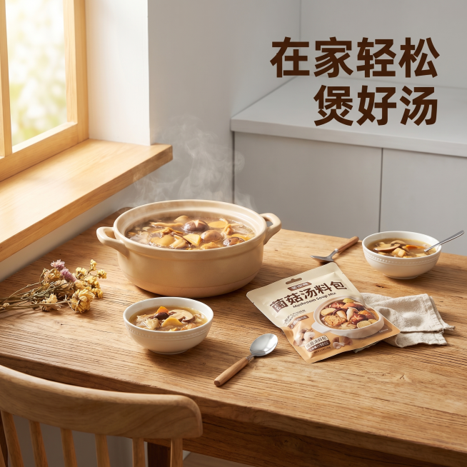 [主图 4] 家庭煲汤场景展示图。[氛围风格] 温馨治愈，生活化的美食场景。[画质] 商业摄影质感、光线柔和通透、产品清晰真实、画面干净高级。[元素] 原木餐桌上摆放着一锅煮好的菌菇汤，旁边放着未拆封预览效果