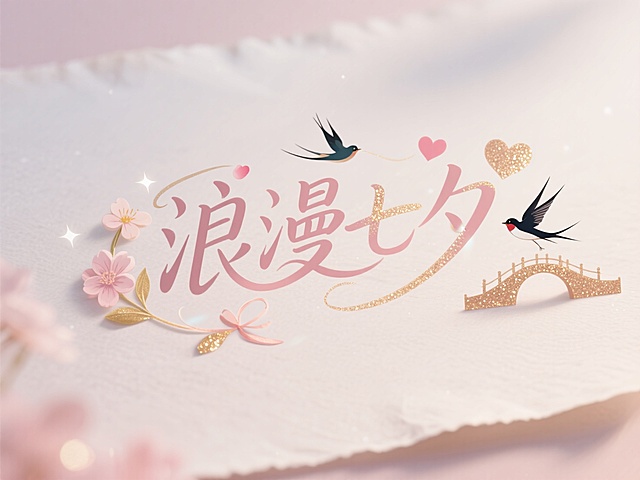 浪漫七夕，插画风设计，大字突出，配以飞鸟、花朵和桥梁，营造温馨节日氛围。
