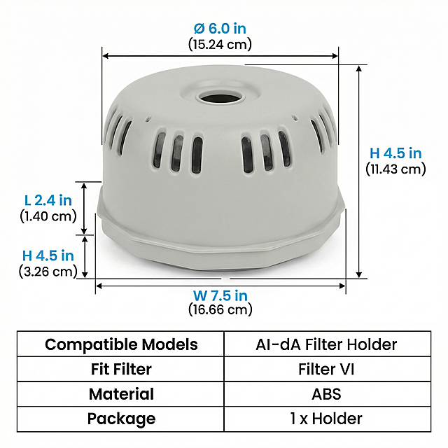 [主图 5] compatibility guide dimension
[氛围风格] 清晰规格展示，信息直观。
[画面元素] 商业摄影质感、光线柔和通透、产品清晰真实、画面干净高级。滤芯支架放置中央，带尺寸标注线清晰标注产品长宽外直径尺寸，单位同时标注英寸和厘米，背景为纯白色简洁背景。保持产品外观和原图一致。
[配色色系] 白色背景，黑色标注线和文字，蓝色重点尺寸数字，对比清晰。
[视角构图] 居中平视展示，尺寸标注清晰不遮挡产品。
[文字版式] 底部清晰排版选购指南表格：Compatible Models / Fit Filter VI / Material ABS / Package 1 x Holder 信息层级分明，简洁易读。
[比例分辨率] 1:1比例，2k分辨率；文字清晰可辨，超高清。
[负向提示词] 变形，水印，文字错乱，产品图模糊，背景杂乱，中文文字，错误尺寸标注