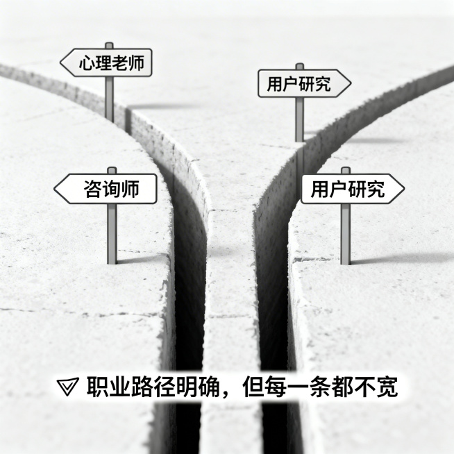 极简信息图形式，图标+关键词+短句。主视觉：几条狭窄的通道指向不同的路牌，路牌上分别写着“心理老师”、“咨询师”、“用户研究”。下方配文案：“🎯 职业路径明确，但每一条都不宽”。整体设计简洁干净，信预览效果
