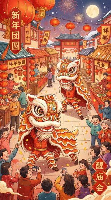 红橙金色调，庙会广场上，两只舞狮在广场上舞动，边上围着喝彩的人群，周围的摊位挂满红灯笼，各种摊位引得游人驻足，飘金粒子增强动感氛围，色调浓烈喜庆，国潮喜庆风格，突出新年团圆与祥瑞氛围，预览效果