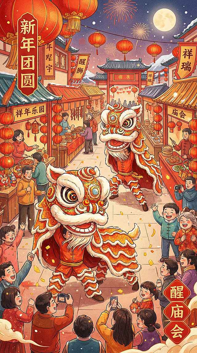 红橙金色调，庙会广场上，两只舞狮在广场上舞动，边上围着喝彩的人群，周围的摊位挂满红灯笼，各种摊位引得游人驻足，飘金粒子增强动感氛围，色调浓烈喜庆，国潮喜庆风格，突出新年团圆与祥瑞氛围，