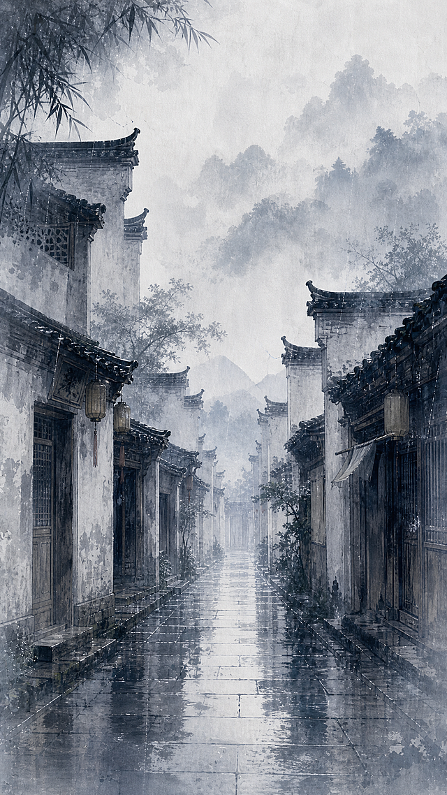 第3屏：寻巷·白墙黛瓦，徽州古巷，白墙黑瓦，布幌微动，雨丝斜落，整体为水墨烟雨徽州古风，朦胧淡墨风格，画面适配竖屏H5展示