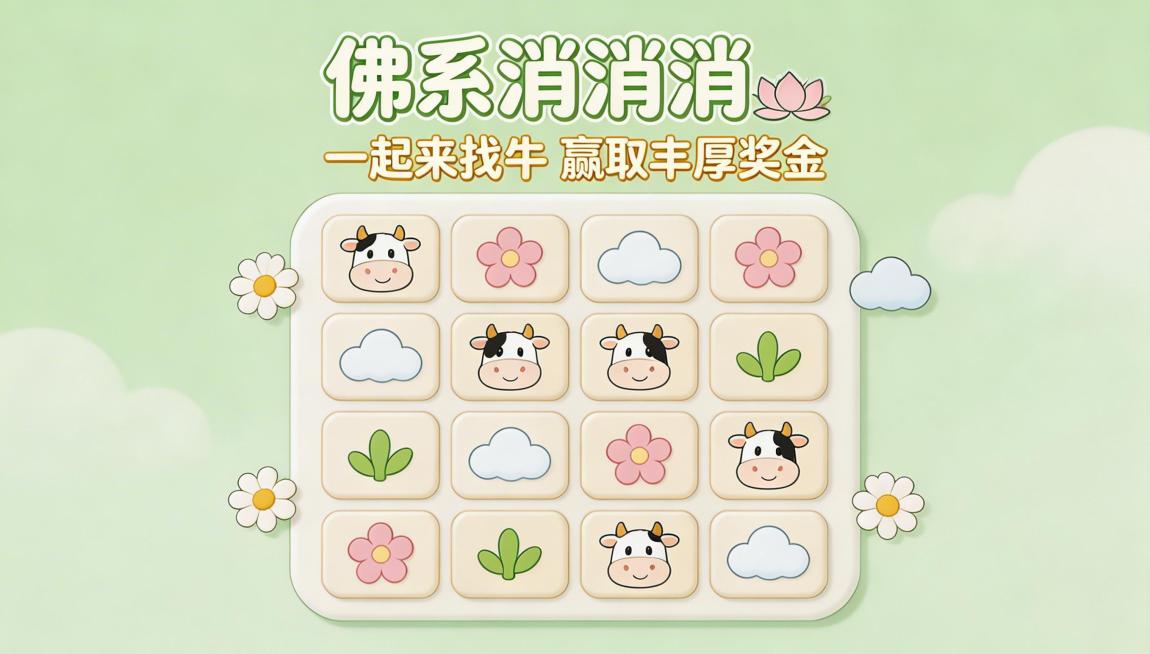 生成佛系消消消游戏活动头图，标题为"佛系消消消"，突出宣传语"一起来找牛 赢取丰厚奖金"，画面包含卡通消消消游戏界面和可爱的牛形象，整体风格治愈佛系，色彩柔和清新预览效果