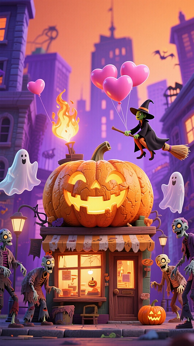 画面中有南瓜造型的店铺，周围环绕僵尸、女巫、幽灵、南瓜灯等元素，空中漂浮粉色爱心气球，背景是充满奇幻感的都市建筑，整体风格卡通梦幻，色彩以紫、橙为主