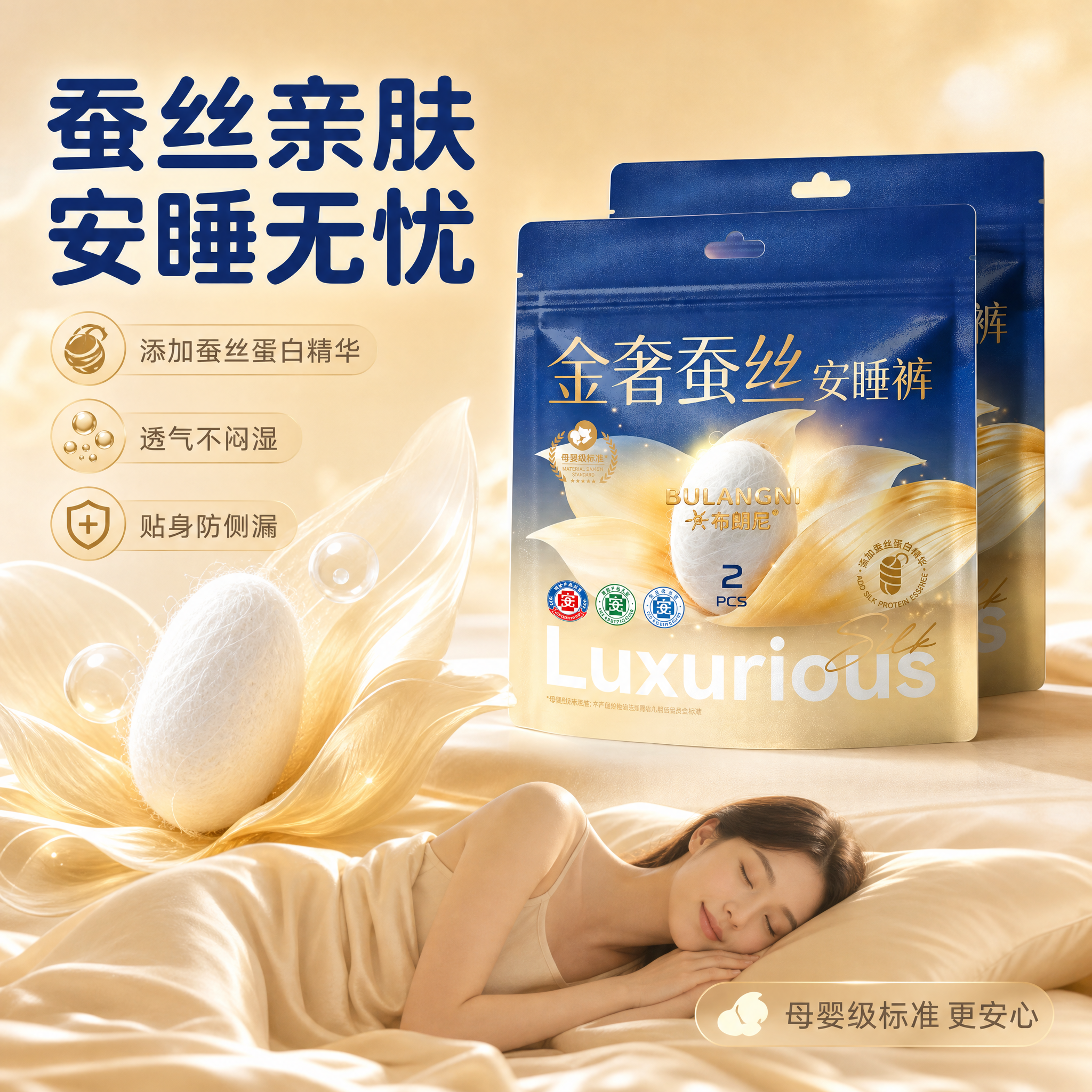 [主图-2] 抖音电商卖点图，核心任务：展示蚕丝亲肤材质与安睡… - 图片创意预览