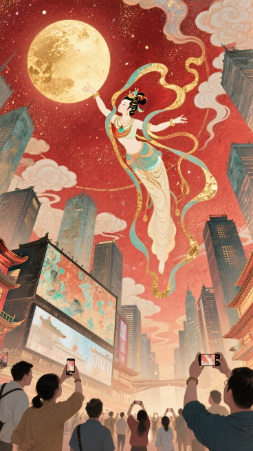 极致的仰视视角超强纵深透视，螺旋环绕构图，祥云环绕贯穿整个画面，现代城市中，嫦娥呈敦煌飞天姿势从城市里向红色调的星空飞去，城市里的人震惊这神奇的一幕，许多人举起手机拍摄这一幕，城市大屏也播放这一幕，满预览效果