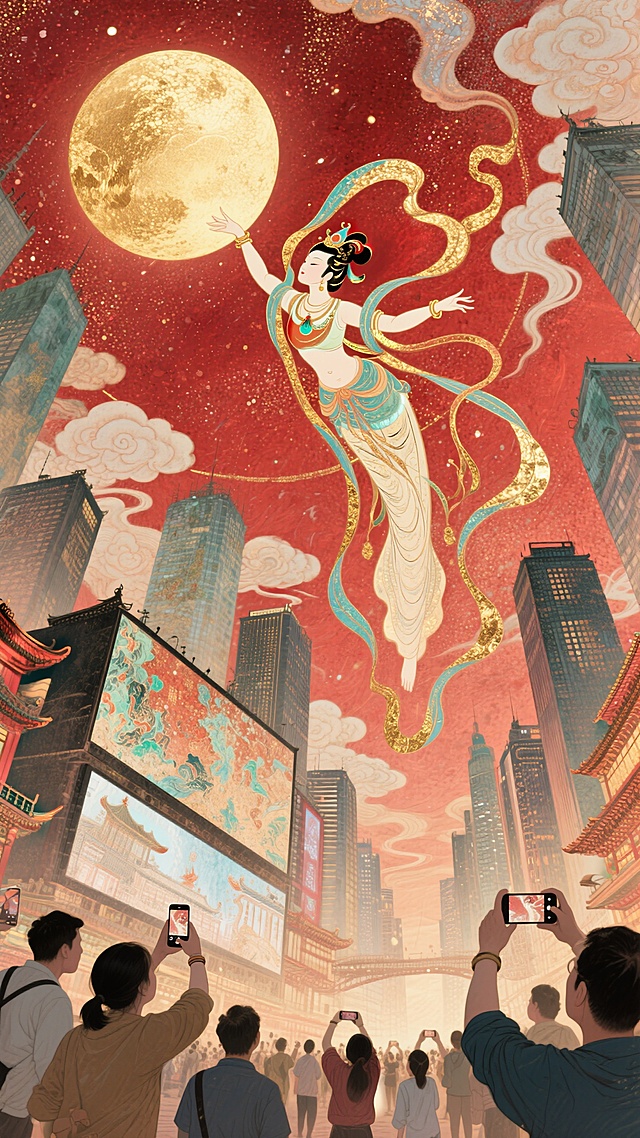 极致的仰视视角超强纵深透视，螺旋环绕构图，祥云环绕贯穿整个画面，现代城市中，嫦娥呈敦煌飞天姿势从城市里向红色调的星空飞去，城市里的人震惊这神奇的一幕，许多人举起手机拍摄这一幕，城市大屏也播放这一幕，满月，超强透视