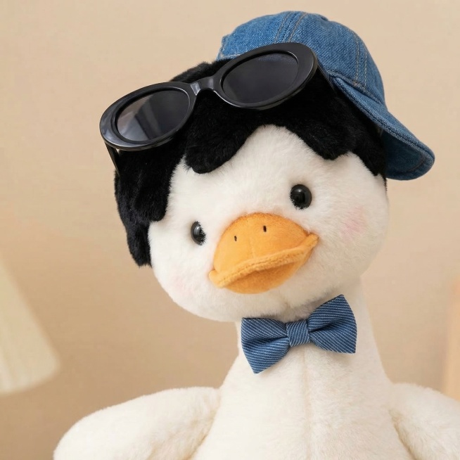生成一只帅气的男生风格毛绒公仔鸭子头像，和上传的女鸭子头像配对，保持同款毛绒质感和清新简约风格，适合做情侣头像，戴男生感的配饰预览效果