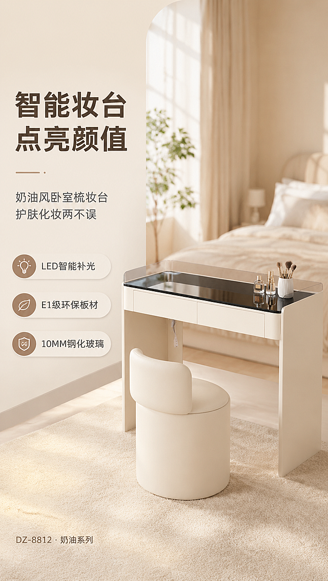 [商品] 使用【图1】DZ-8812梳妆台；保留奶白色U型柜体结构、黑色钢化玻璃台面、双抽屉设计、整体比例与颜色；商品处理：增强玻璃台面反光质感与通透感，理顺柜体边缘，提升板材细腻度，不改变结构与尺寸比例。
[画面] 目标：头图海报，建立奶油风卧室氛围与产品全貌。左文右景构图，左侧约1/3竖列文案区，右侧约2/3为奶油风卧室大场景，梳妆台置于画面中右侧，产品占画面约55%。前景铺米色地毯，中景梳妆台+梳妆椅，后景虚化床头、窗帘与绿植，暖调午后自然光从左侧窗户洒入，营造温馨松弛氛围。
[视觉] 套系策略：风格=奶油轻奢现代商业摄影；标题字=现代无衬线粗体（思源黑体Heavy）；正文字=简洁无衬线体（思源黑体Regular）；主色=奶白米杏；背景延展=基于奶白米杏做深浅层级、同色渐变和细腻墙面/织物质感；强调色=奶茶棕，仅用于小面积图标、引线和标签；标题色=深炭棕；正文色=中暖灰；组件=圆角浅底信息卡、细线引线、胶囊形卖点框；光影=左前侧暖柔光，柔和阴影。
[文字] 左侧竖列：主标题「智能妆台 点亮颜值」（8字），副标题「奶油风卧室梳妆台 护肤化妆两不误」（14字），下方3条亮点胶囊：「LED智能补光」「E1级环保板材」「10MM钢化玻璃」，底部小字标注「DZ-8812 · 奶油系列」。文字不遮挡产品主体。
[规格] 淘宝/天猫详情页，单屏比例9:16竖版，分辨率4K，中文简体，避免变形、错字、文字过小、冷蓝背景、产品颜色改变、结构失真、极限词。