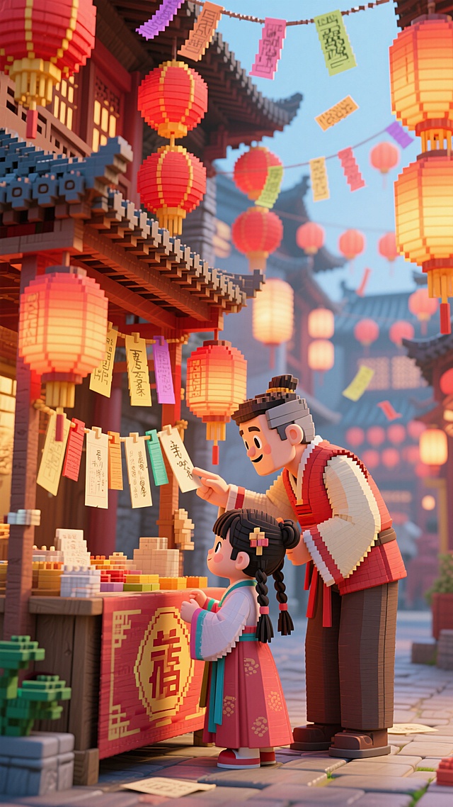 背景是古代街景元宵，一对古代父女在摊位上猜灯谜