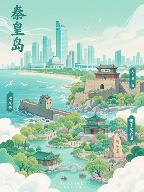 国潮城市插画风格，秦皇岛城市宣传插画，左上角竖排文字“秦皇岛”，画面中同时包含天下第一关、鸽子窝公园、老龙头三个标志性景点，融合现代城市建筑与古典名胜，清新青绿色调，线条流畅，云纹装饰，和参考图的版式预览效果